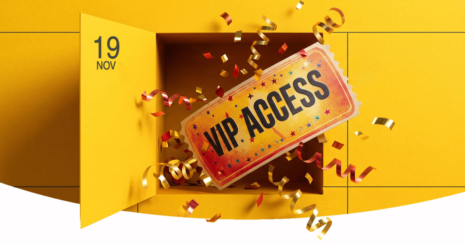 En gul safedør med 19 NOV åpner seg og avslører en VIP Access-billett